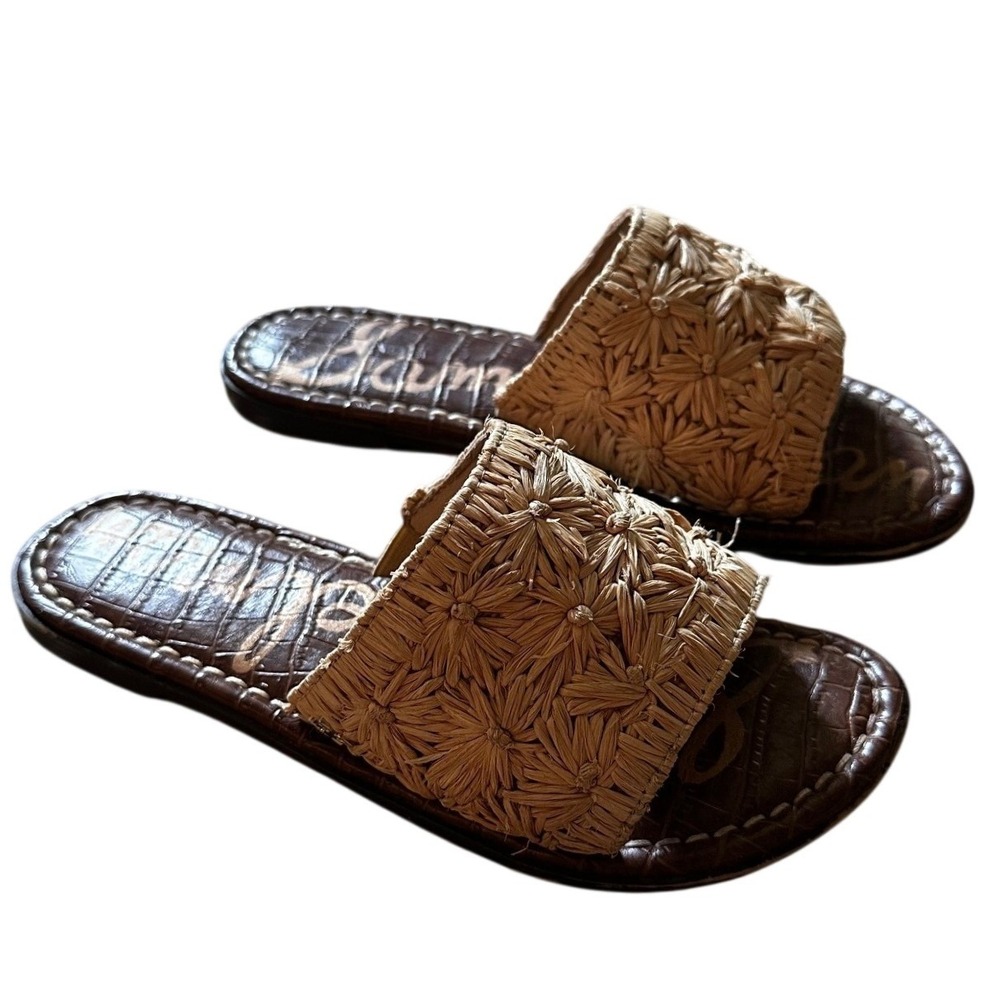 Sam Edelman Brown Croc Giovanna Raffia Floral Slide Sandals Kid's 1M‎